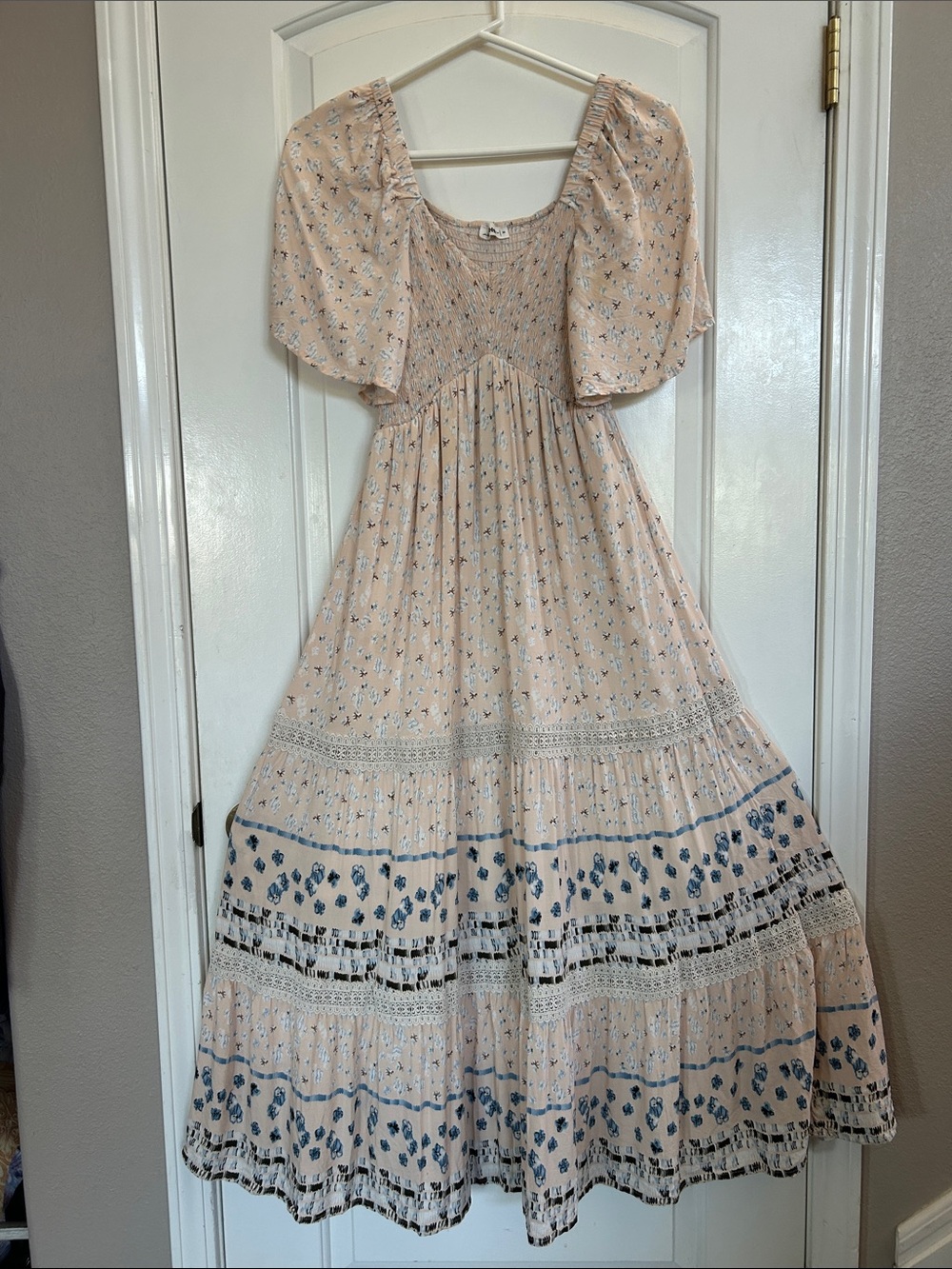 In Bloom Peach Maxi Dress with Blue Floral Accents